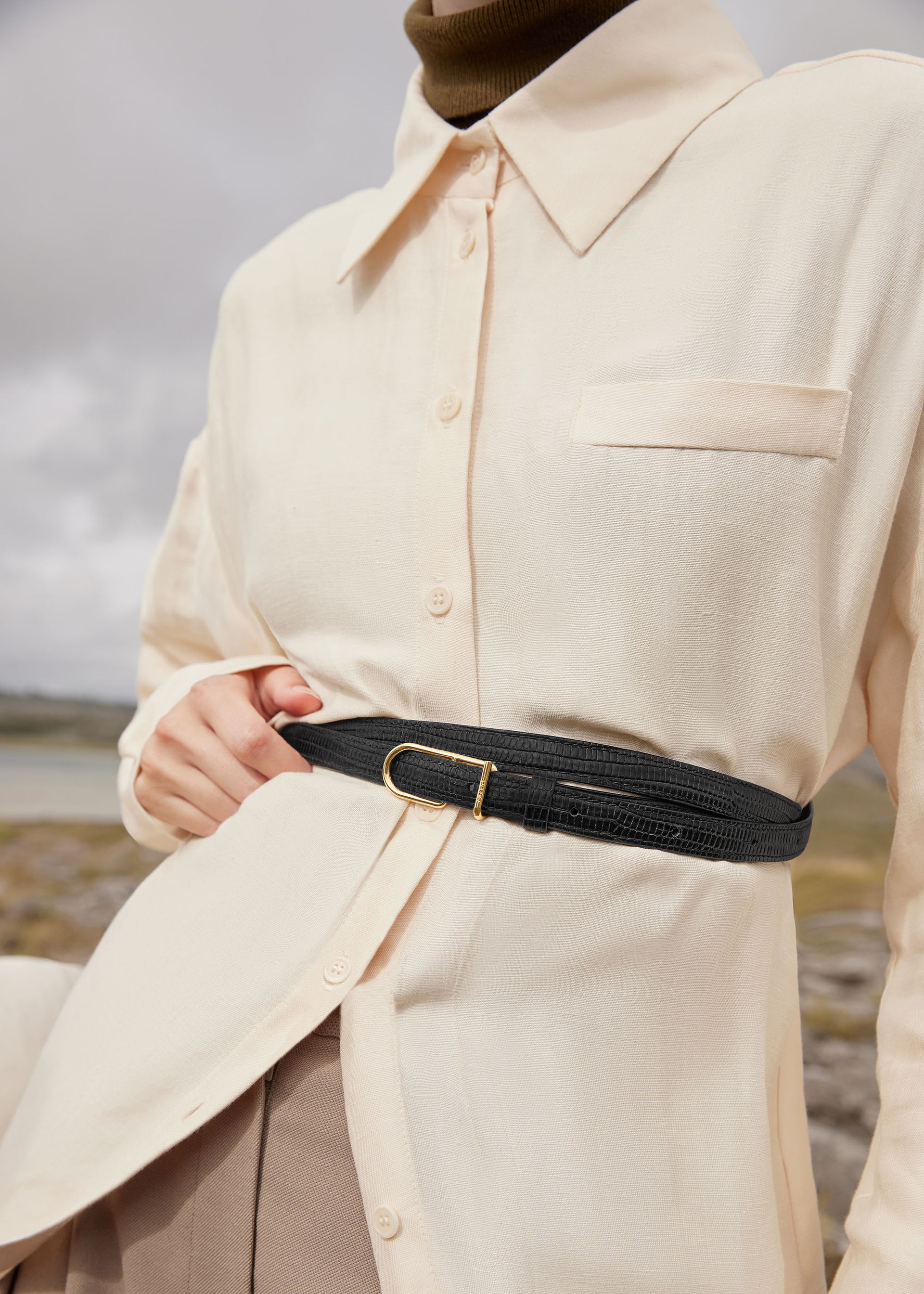 Ceinture Fine Umi - Noir Lézard